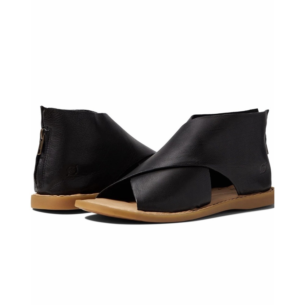 BORN IWA Natural Sole Flat Sandal Black Leather Shootie Lagenlook Festival Boho